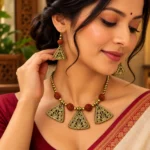 Choker Triangle Rudraksha Necklace Set for Women, Antique Gold Finish Triangular Filigree Choker with Rudraksha Beads and Matching Drop Earrings, Traditional Ethnic Jewellery - Image 3
