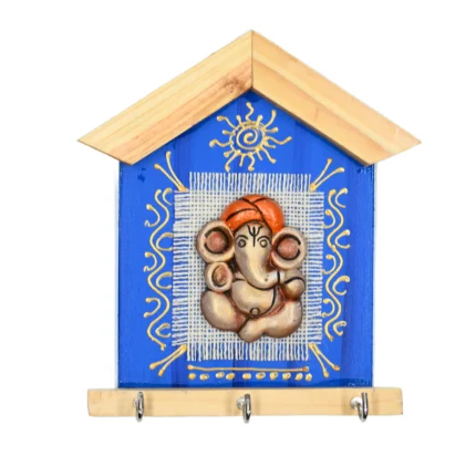 Teracota Wall Key Hanger Ganesha Design with 3 Metal Hooks | (17X15 cm) Ganpati Wall Mounted Key Holder for Home Entrance, Pooja Room, Mandir & Office Décor