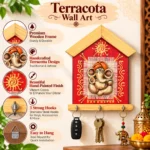 Teracota Wall Key Hanger Ganesha Design with 3 Metal Hooks | Red Ganpati Wall Mounted Key Holder for Home Entrance, Pooja Room, Mandir & Office Décor (17X15 cm) - Image 2