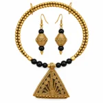 Choker Triangle Peacock Necklace Set for Women, Antique Gold Finish Traditional Filigree Choker with Black Beads and Matching Drop Earrings, Ethnic Jewellery
