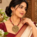Dokra Art Goddess Pendant Necklace Set with Red Beads and Antique Gold Jhumka Earrings for Women - Image 3