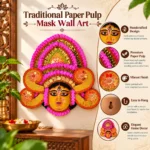 Paper Mache Maa Durga Face Mask with Pink and Golden Traditional Handcrafted Goddess Face Wall Hanging - Image 3