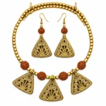 Choker Triangle Rudraksha Necklace Set for Women, Antique Gold Finish Triangular Filigree Choker with Rudraksha Beads and Matching Drop Earrings, Traditional Ethnic Jewellery