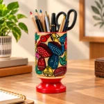 Patachitra Wooden Pen Holder Handcrafted Fish Motif Decorative Desk Organizer Pen Pencil Stand for Home Office Study Table (Size-12X6 cm) - Image 2