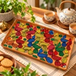 Pattachitra Big Wooden Serving Tray Hand Painted with Colorful Bird Folk Art Design (Size-38X22cm) - Image 3