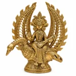 Royal Golden Saraswati Sculpture with Decorative Halo and Swan Showpiece with Intricate Wing Patterns, 5in X 4in