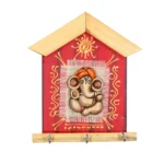 Teracota Wall Key Hanger Ganesha Design with 3 Metal Hooks | Red Ganpati Wall Mounted Key Holder for Home Entrance, Pooja Room, Mandir & Office Décor (17X15 cm)