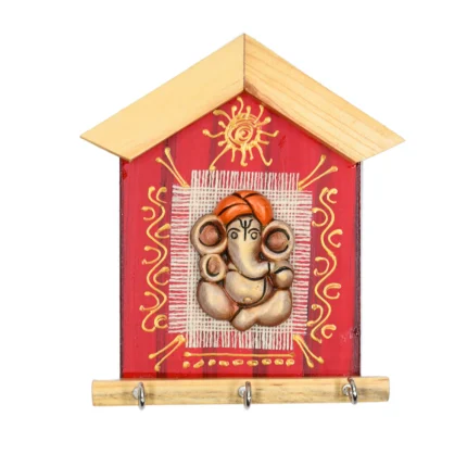 Teracota Wall Key Hanger Ganesha Design with 3 Metal Hooks | Red Ganpati Wall Mounted Key Holder for Home Entrance, Pooja Room, Mandir & Office Décor (17X15 cm)