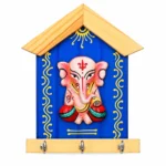 Teracota Wall Key Hanger Ganesha Design with 3 Metal Hooks | Traditional Blue Ganpati Wall Mounted Key Holder for Home Entrance, Pooja Room and Office Décor 17X15 cm