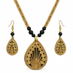 Dokra Art Teardrop Pendant Necklace Set with Antique Gold Finish, Black Beads and Matching Earrings for Women