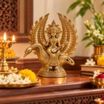 Royal Golden Saraswati Sculpture with Decorative Halo and Swan Showpiece with Intricate Wing Patterns, 5in X 4in - Image 2