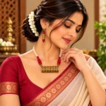 Handcrafted Antique Gold Necklace Set with Red Thread, Brass Pendant and Matching Earrings for Women - Image 3