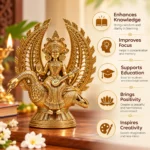 Royal Golden Saraswati Sculpture with Decorative Halo and Swan Showpiece with Intricate Wing Patterns, 5in X 4in - Image 3