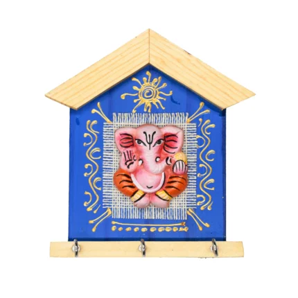 Teracota Wall Key Hanger Ganesha Design with 3 Metal Hooks | Ganpati Wall Mounted Key Holder for Home Entrance, Pooja Room, Mandir & Office Décor (17X15 cm)