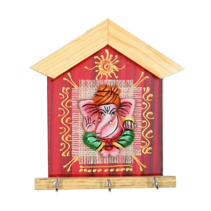 Teracota Wall Key Hanger Ganesha Design with 3 Metal Hooks | 17X15 cm Red Ganpati Wall Mounted Key Holder for Home Entrance, Pooja Room, Mandir & Office Décor